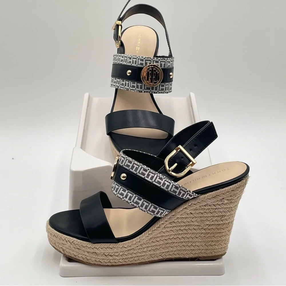 Womens Platform sandals 9.5 Black White wedges Gold Logo Tommy Hilfiger